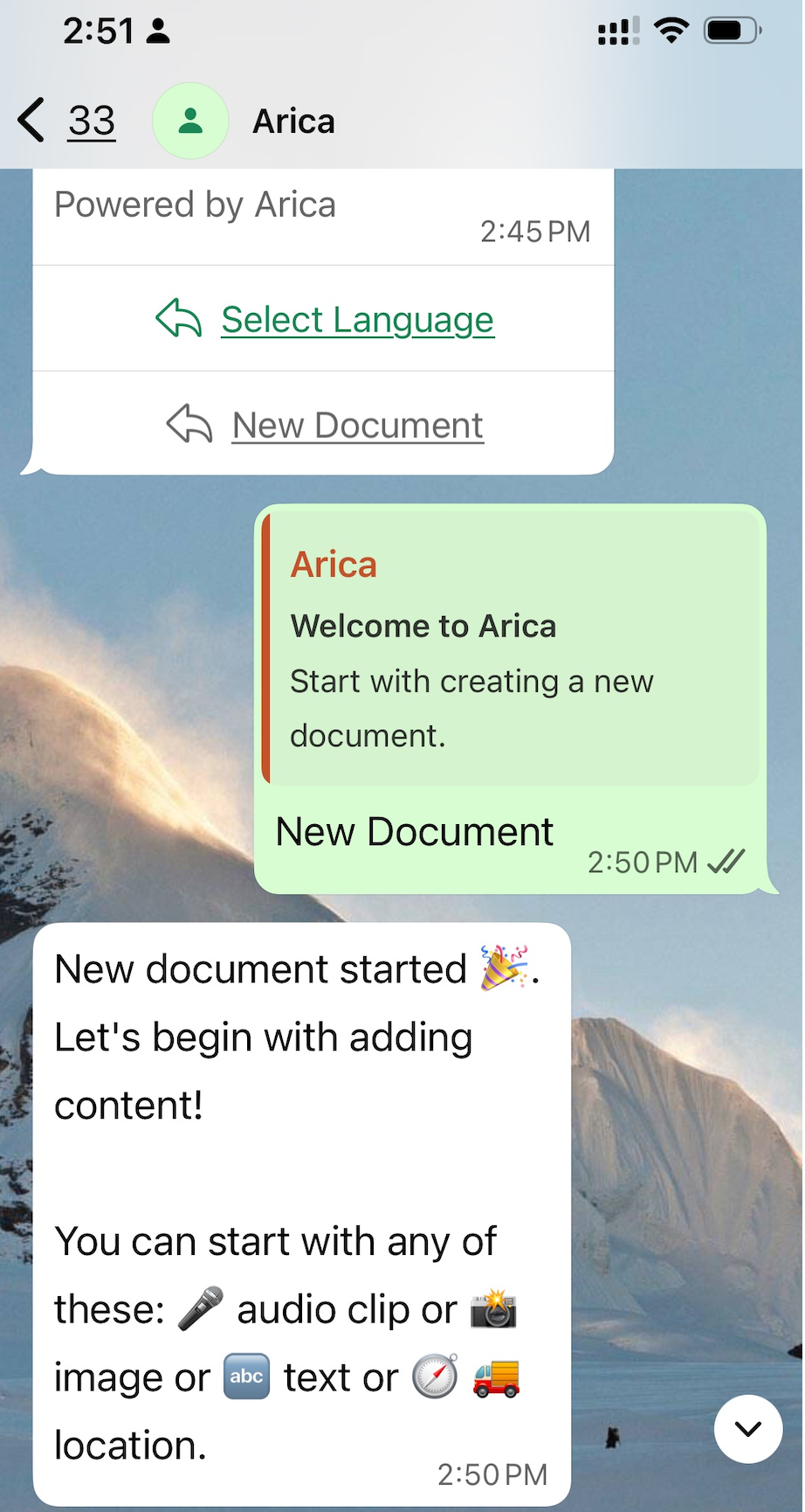 Start new handover document with Arica